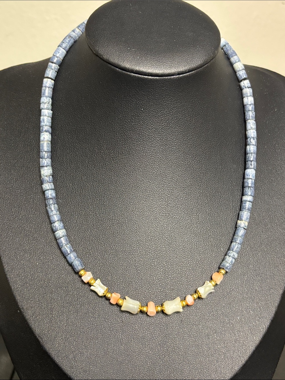 Blue Beaded Dainty Vintage Necklace Carved Flower Gold Peach Accents